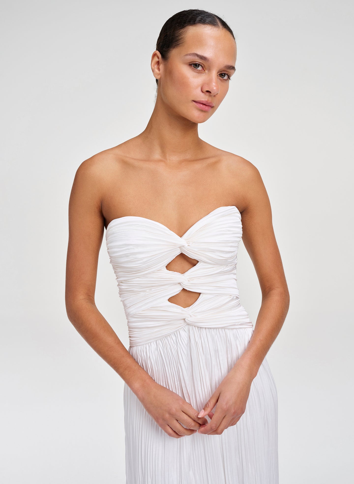 Brynn Strapless Pleated Satin Maxi Dress