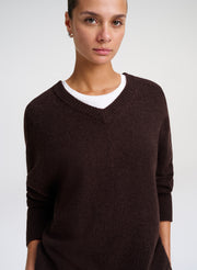 woman wearing white shirt brown v neck sweater