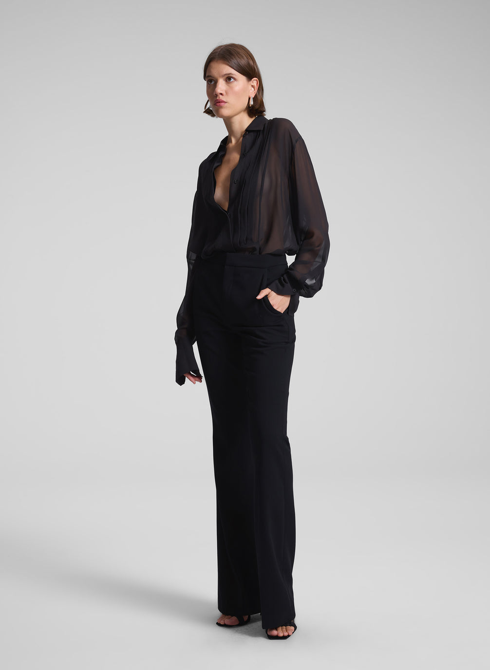 woman wearing black sheer tux top and black pants