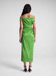 woman wearing green off shoulder midi dress