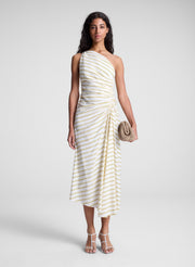 woman wearing yellow striped one shoulder dress