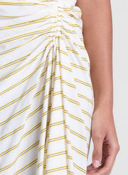 woman wearing yellow striped one shoulder dress