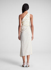 woman wearing yellow striped one shoulder dress