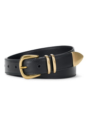 black leather belt with gold buckle