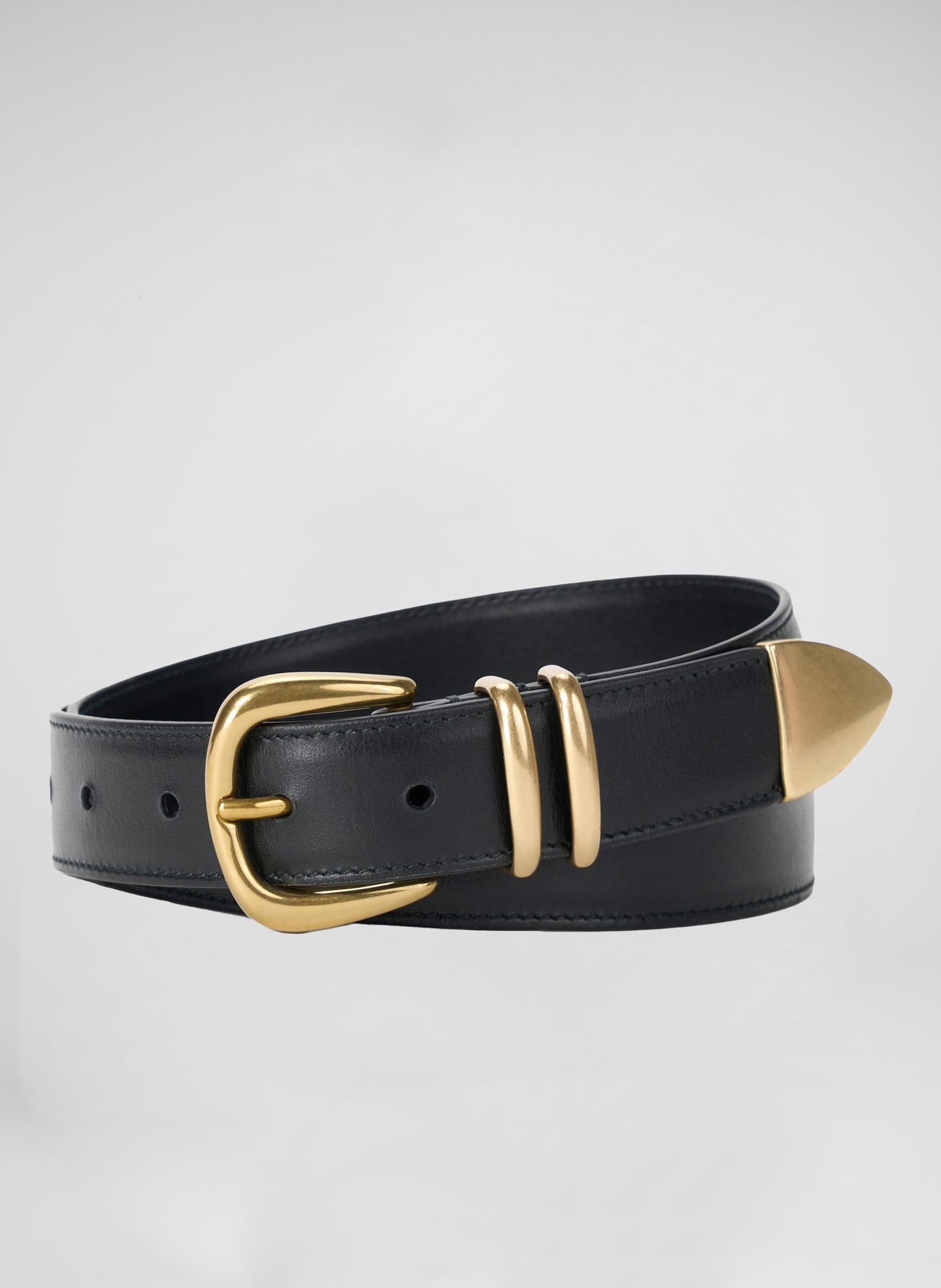 black leather belt with gold buckle