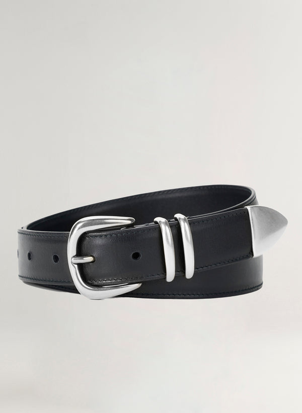 Black leather belt with silver buckle on a light gray background