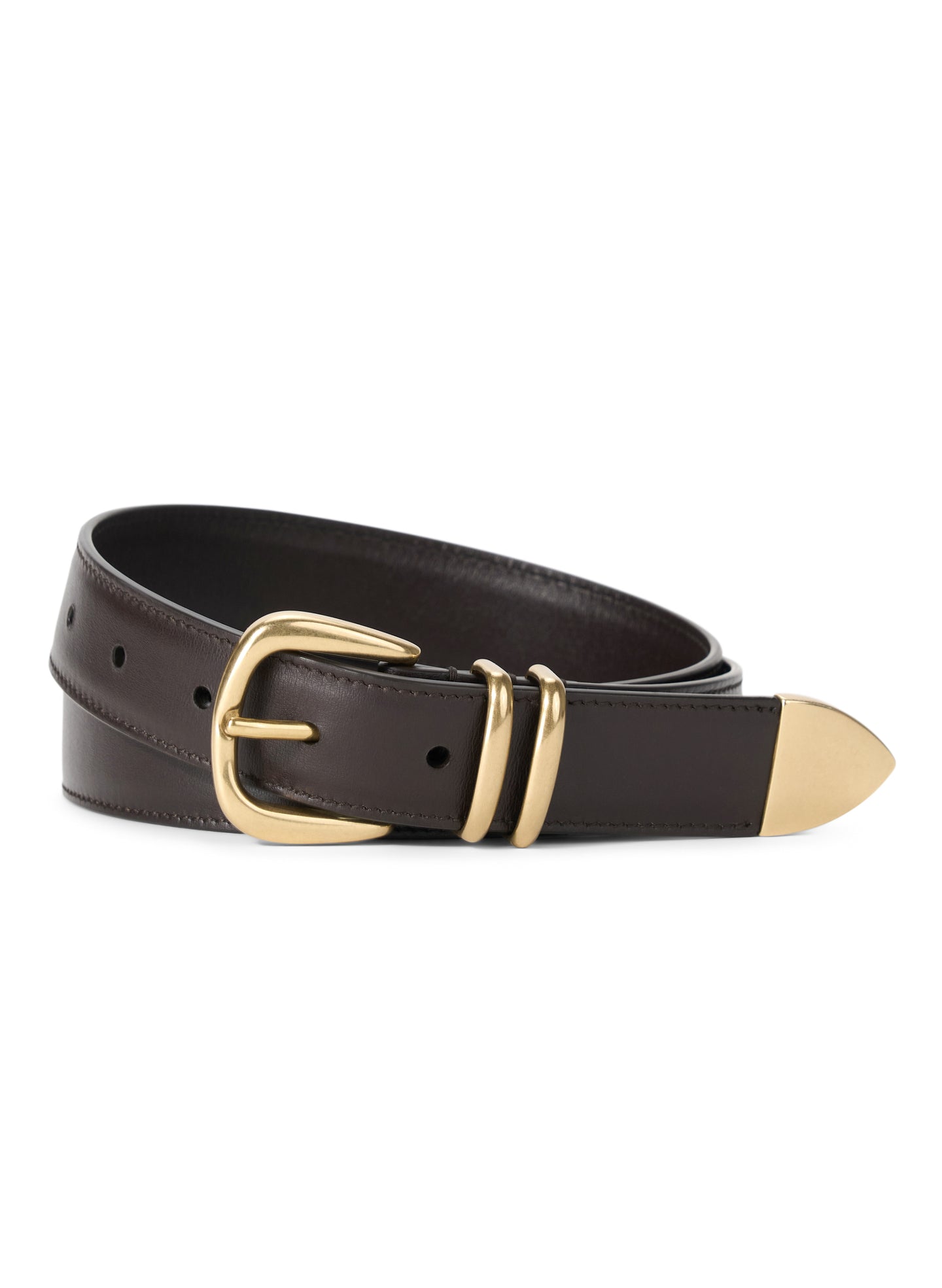 dark brown belt with gold buckle