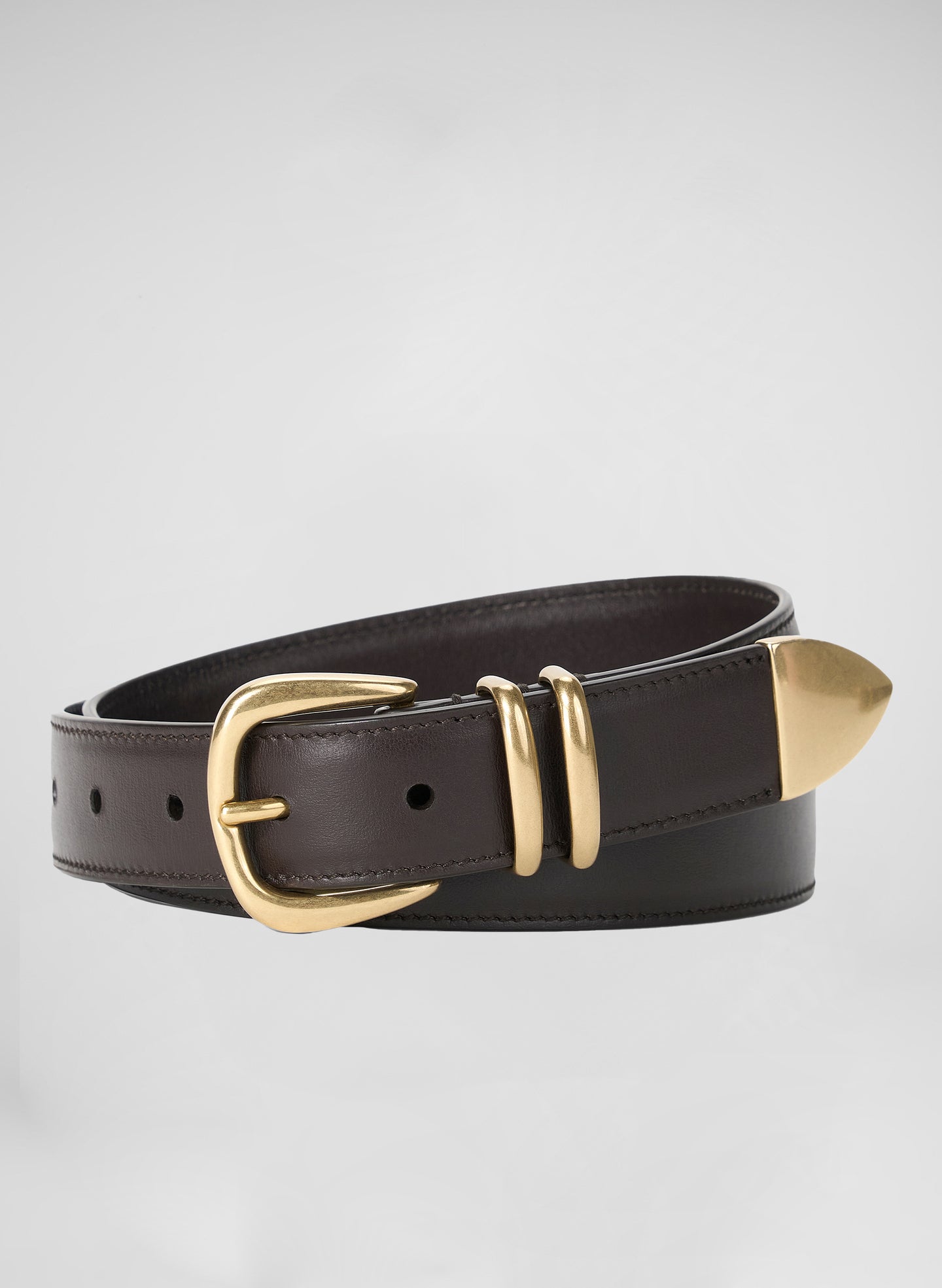 dark brown belt with gold buckle