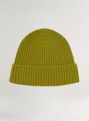 Green knit beanie on a light gray background