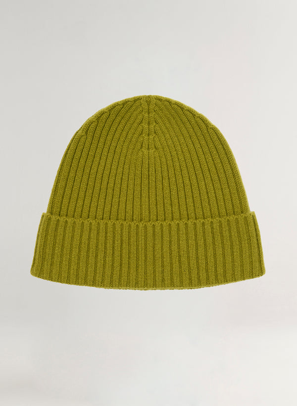 Green knit beanie on a light gray background
