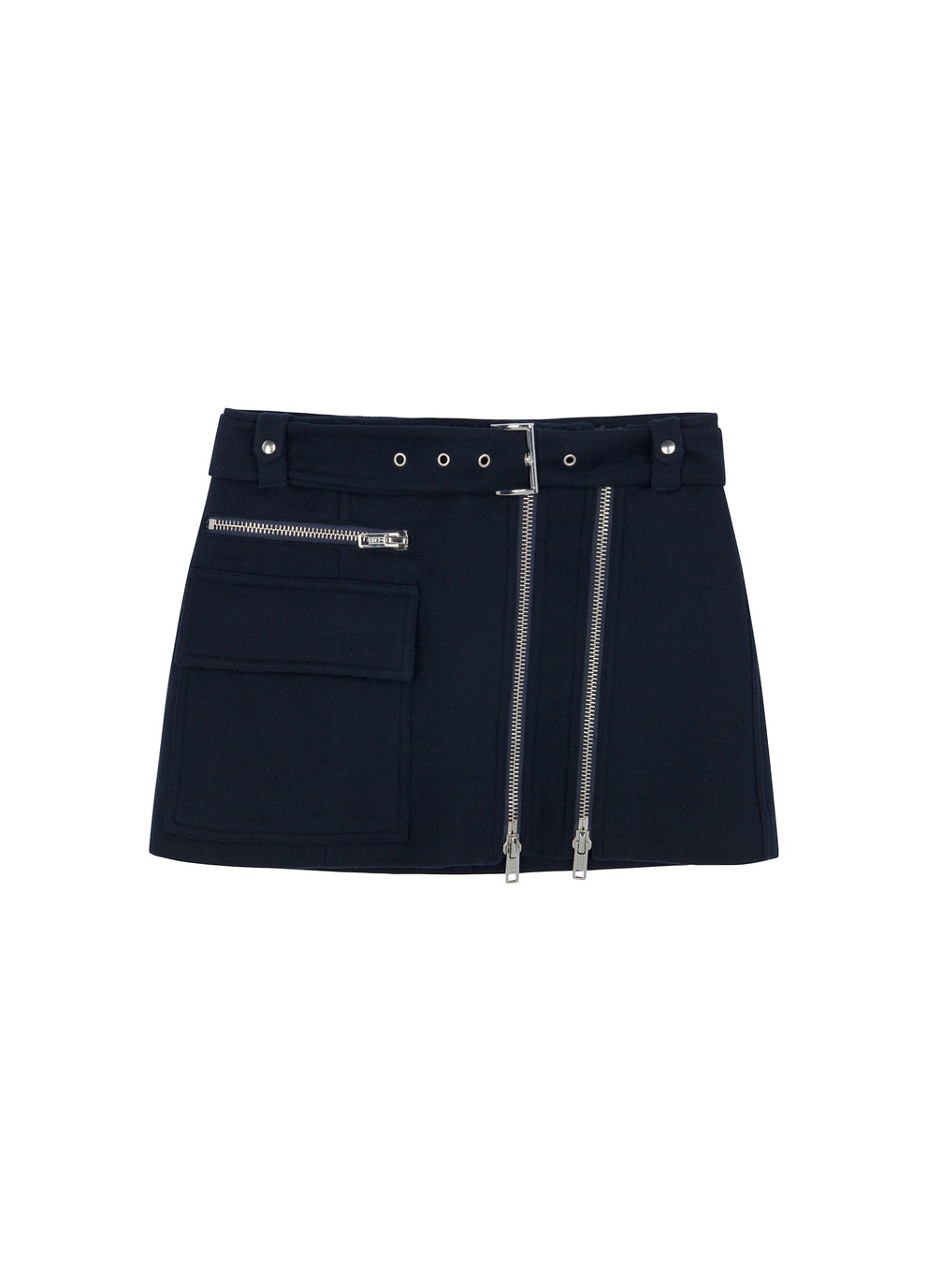 flatlay of navy blue skirt with zipper detailing 