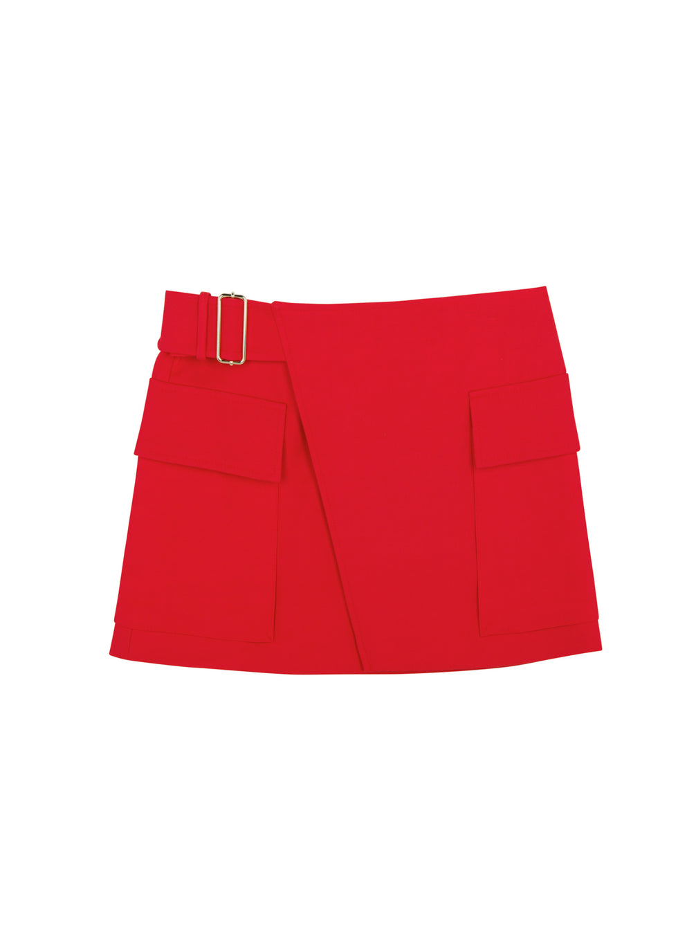 flatlay of red wrap mini skirt with pockets