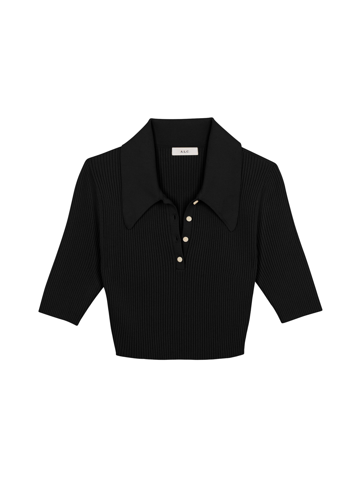 flatlay of black cropped collared knit shirt