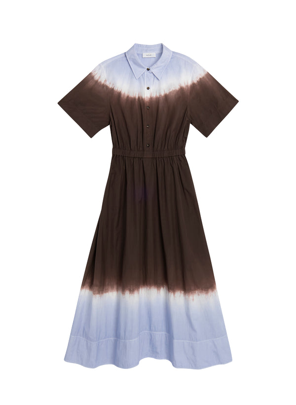 flatlay of brown and light blue dip dye shirtdress