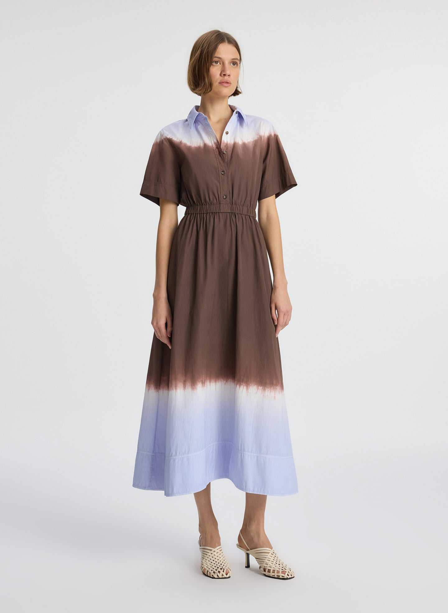 front view of woman wearing brown and light blue dip dye shirtdress