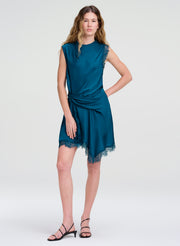 A woman modeling a sleeveless teal wrap-style dress with lace trim and black strappy high-heeled sandals against a light gray studio background.