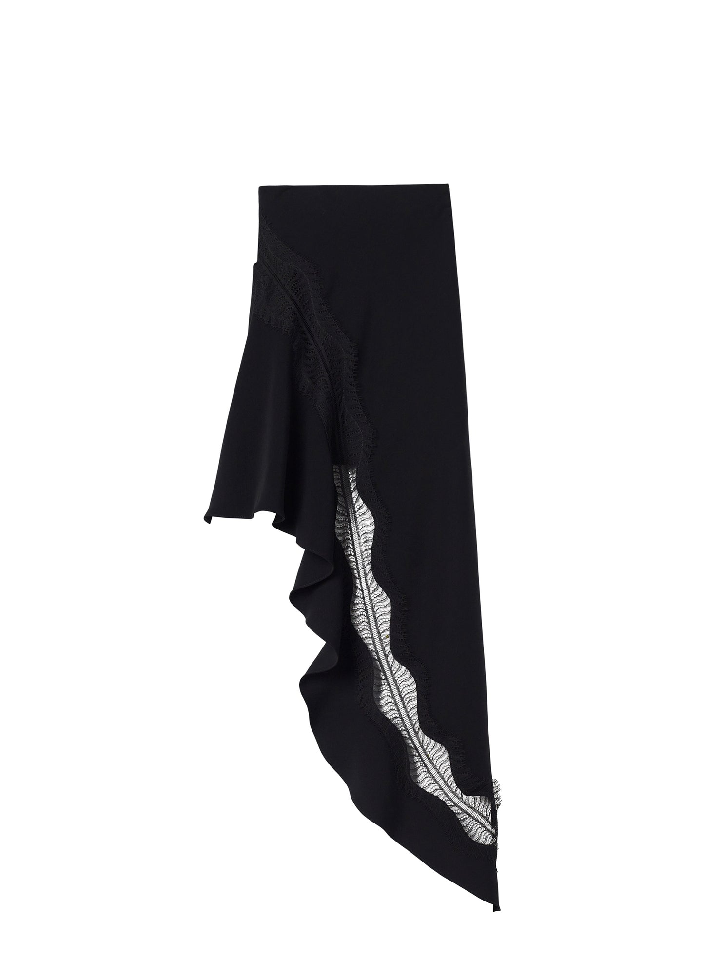 flatlay of asymmetric black satin and lace skirt