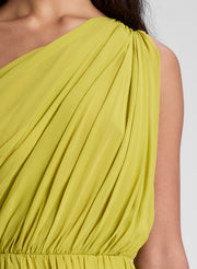woman wearing green one shoulder midi dress