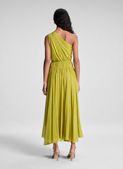 woman wearing green one shoulder midi dress