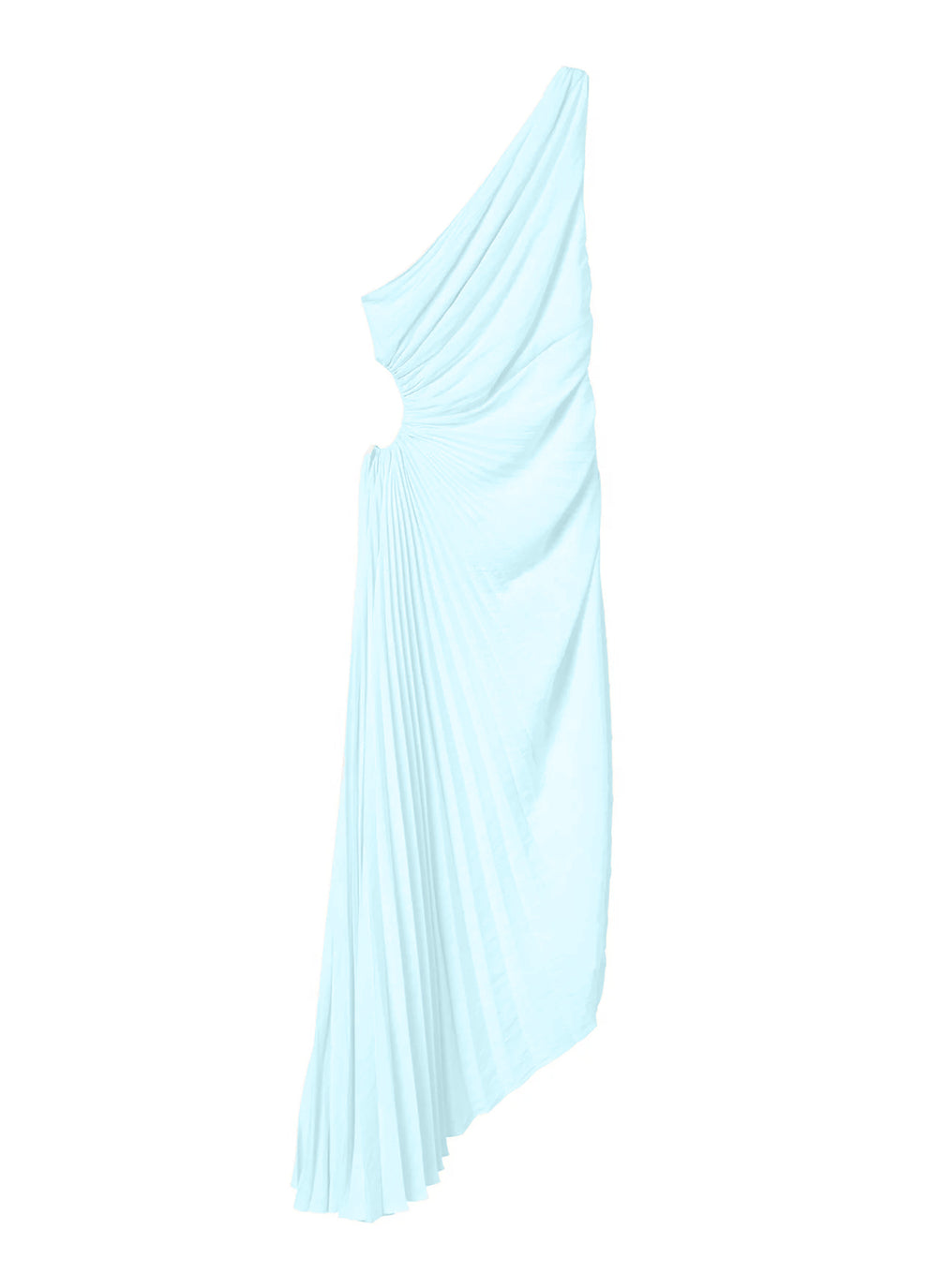 flatlay of aqua pleated one shoulder dress