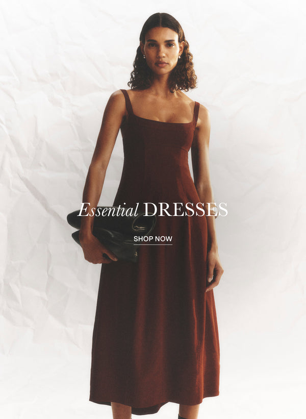 woman in maroon dress, text : essential dresses
