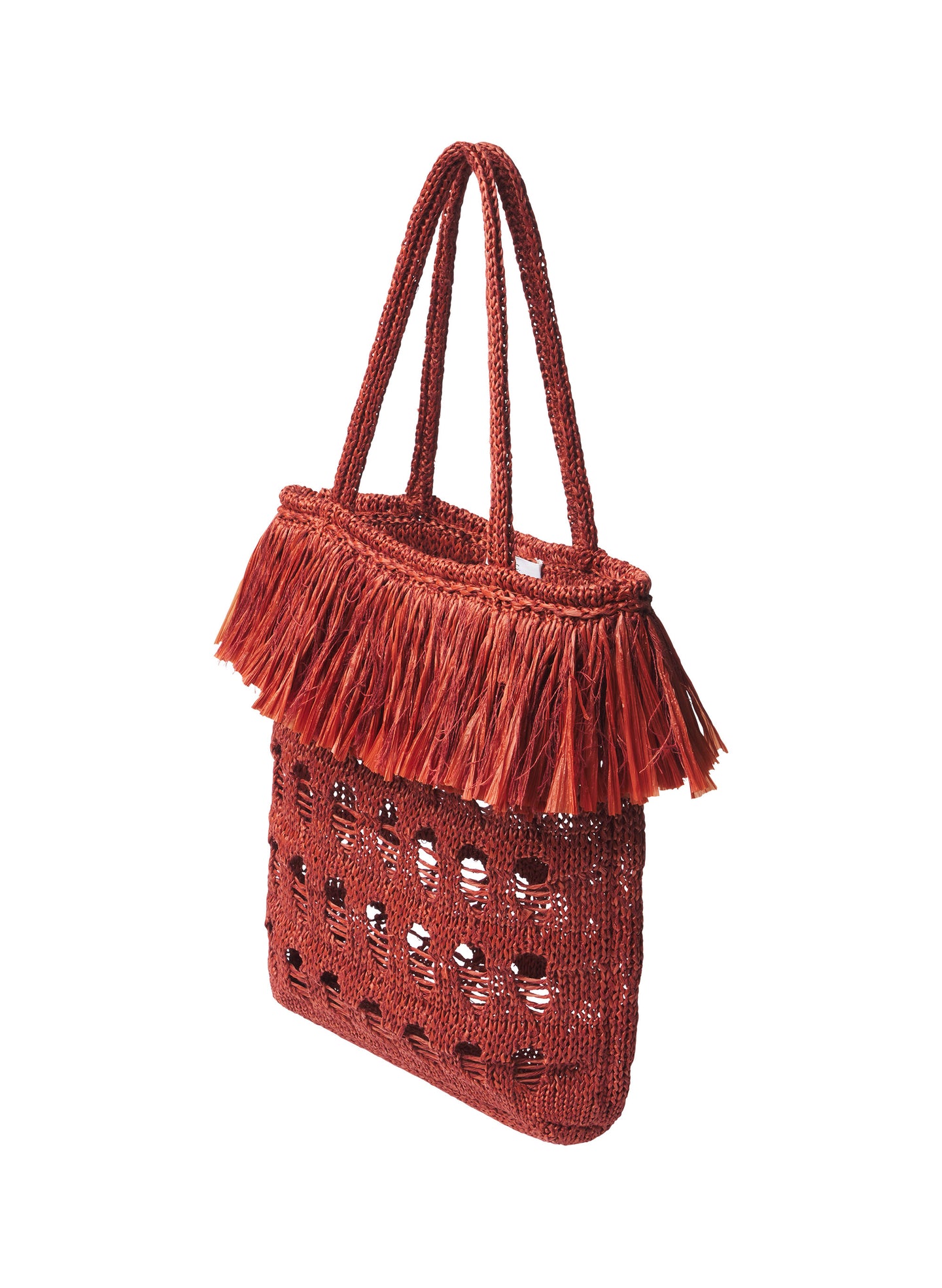brown woven handbag with fringe on a white background
