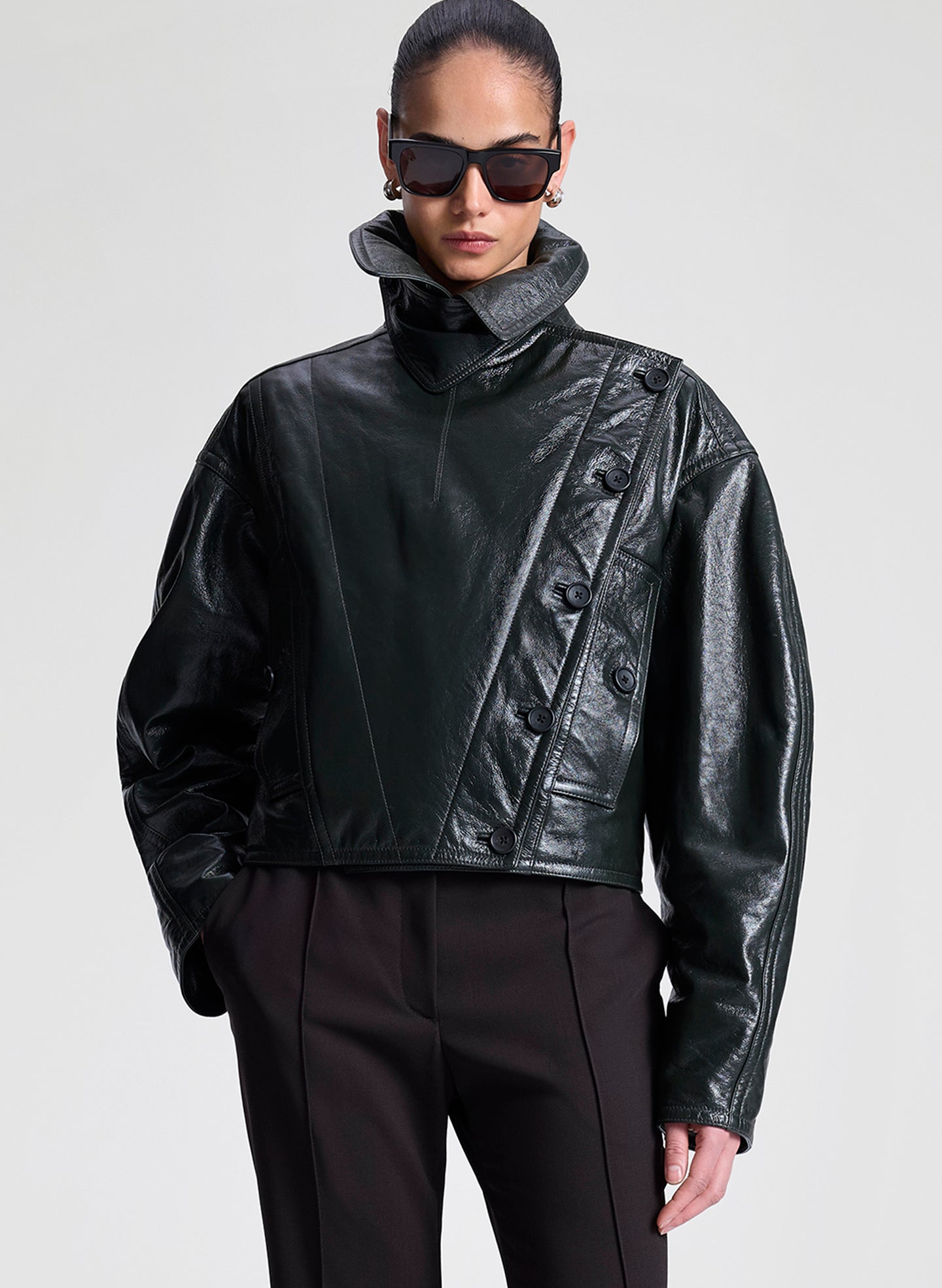 A.L.C. Women's Eli Glossy Leather Jacket in Dark Green, Size L A.L.C. Women's Eli Glossy Leather Jacket in Dark Green, Size L