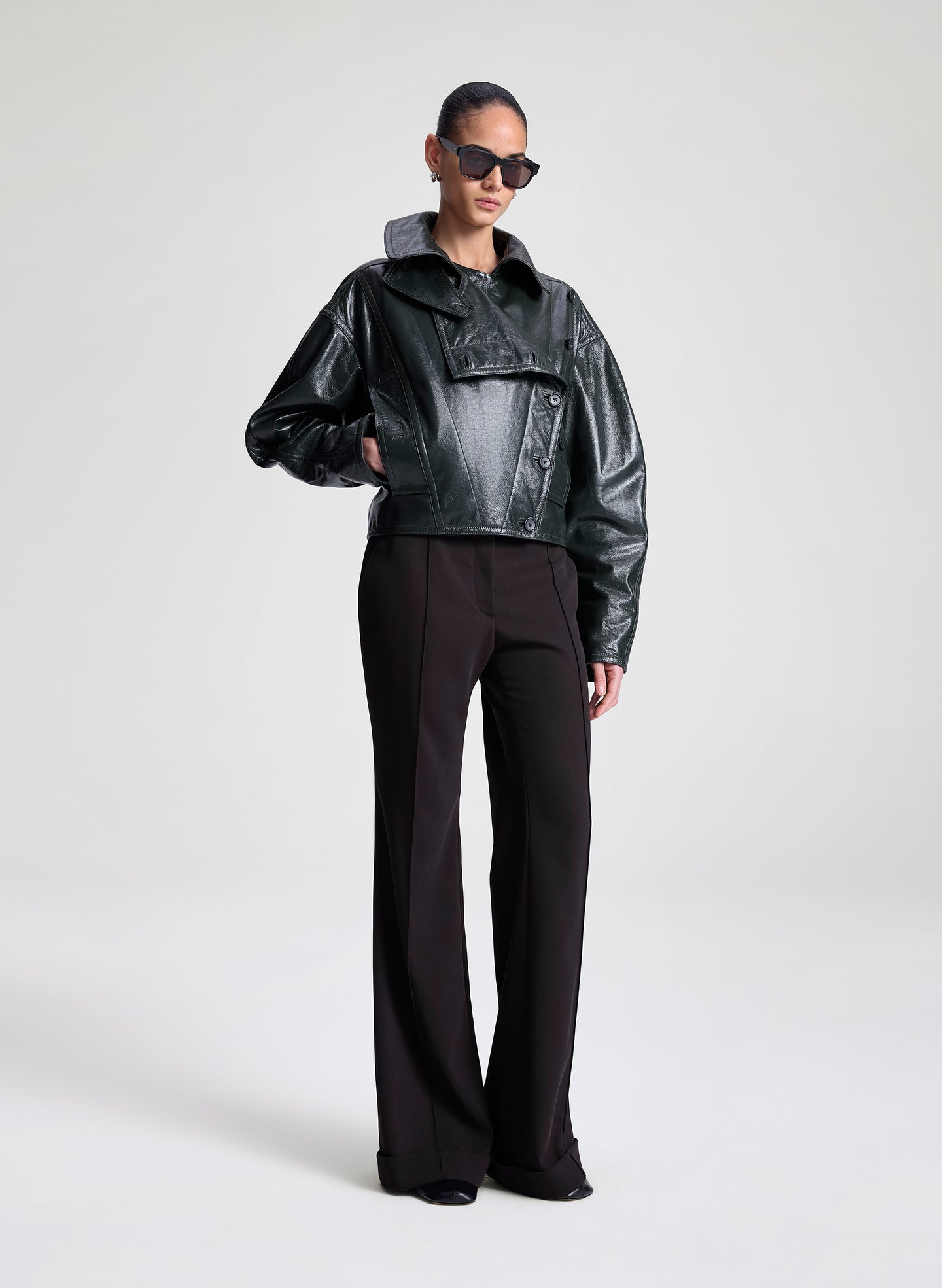 A.L.C. Women's Eli Glossy Leather Jacket in Dark Green, Size L A.L.C. Women's Eli Glossy Leather Jacket in Dark Green, Size L