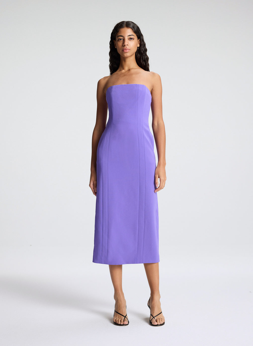 woman wearing purple strapless midi dress