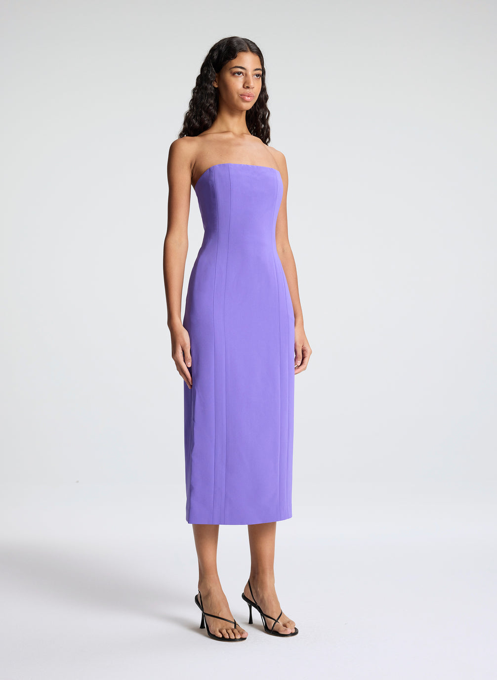 woman wearing purple strapless midi dress