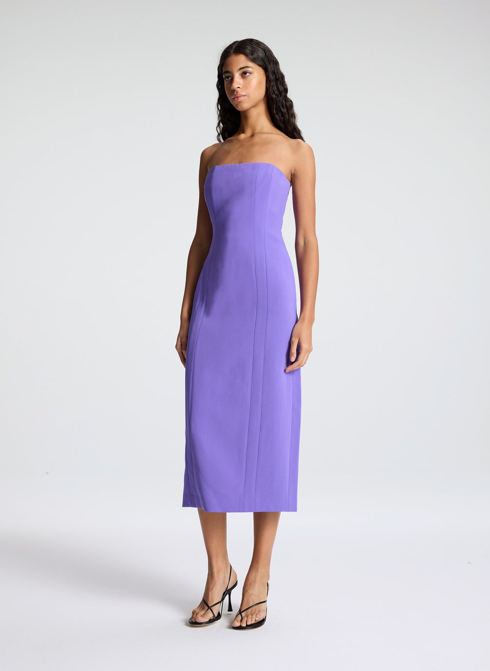 woman wearing purple strapless midi dress