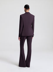 Person wearing a dark purple suit on a white background