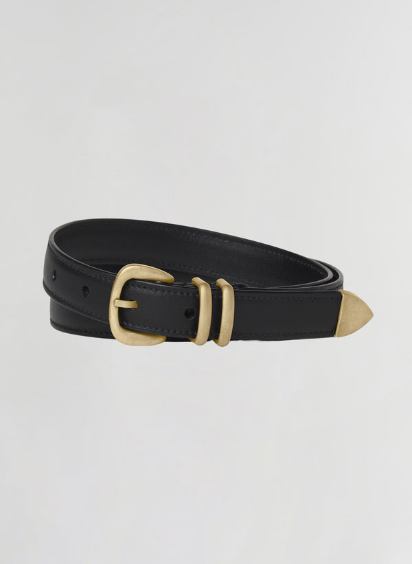 A black leather belt with a gold-tone metal buckle, keeper, and tip, coiled on a light gray background.