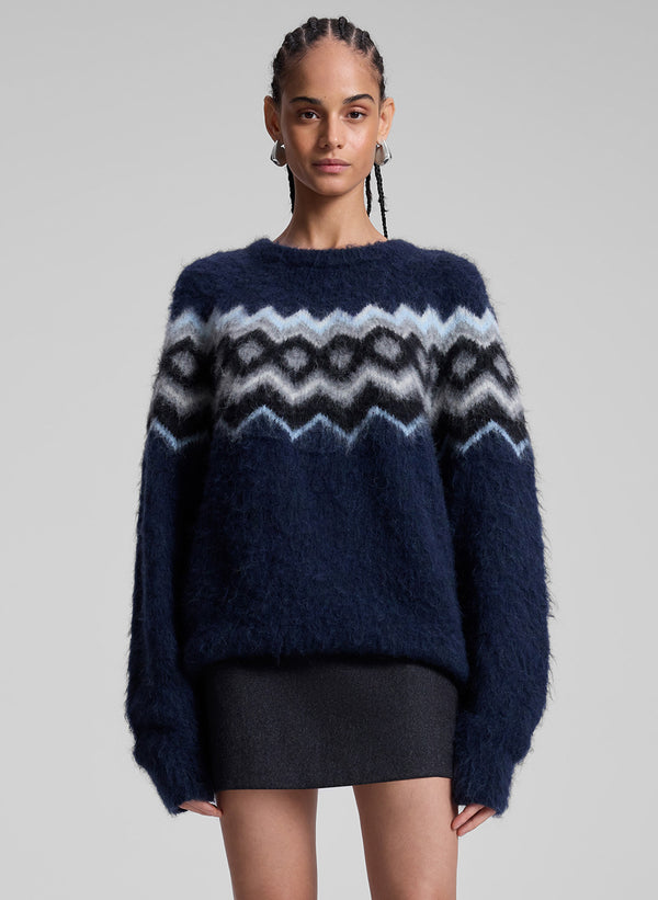 woman wearing navy blue fairisle sweater and grey mini skirt