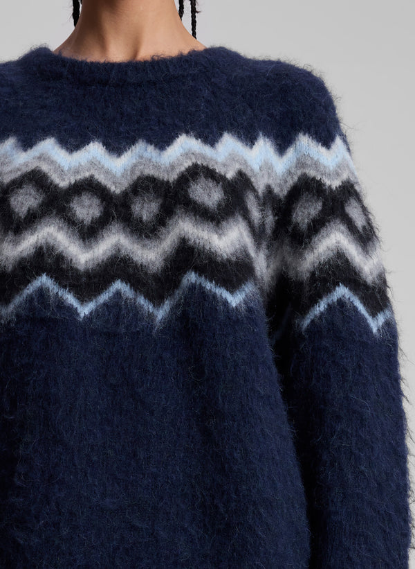 woman wearing navy blue fairisle sweater and grey mini skirt