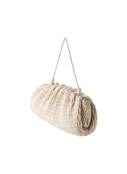 Beige ruched clutch bag with a strap on a white background