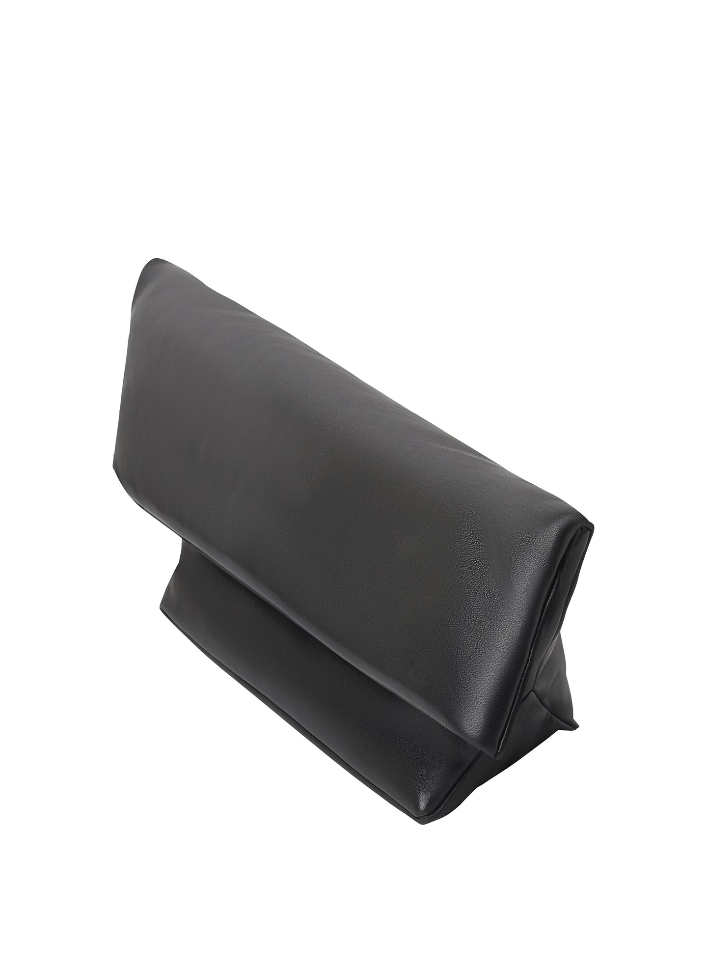 A black leather clutch bag with a diagonal fold-over flap, shown from an elevated angle on a solid white background.