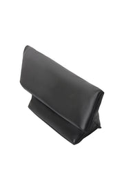 A black leather clutch bag with a diagonal fold-over flap, shown from an elevated angle on a solid white background.