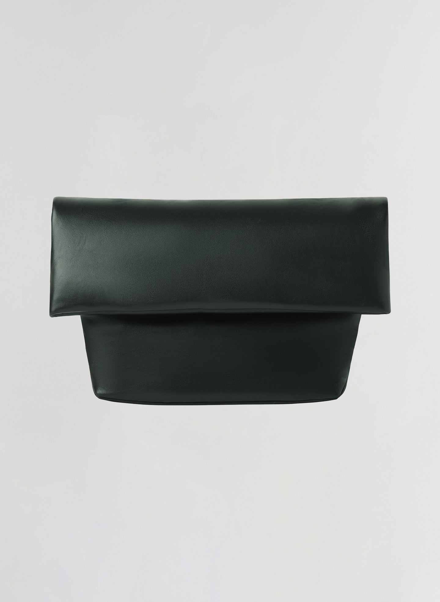 A dark green leather clutch bag with a wide top flap and a structured rectangular body, shown against a plain light gray background.