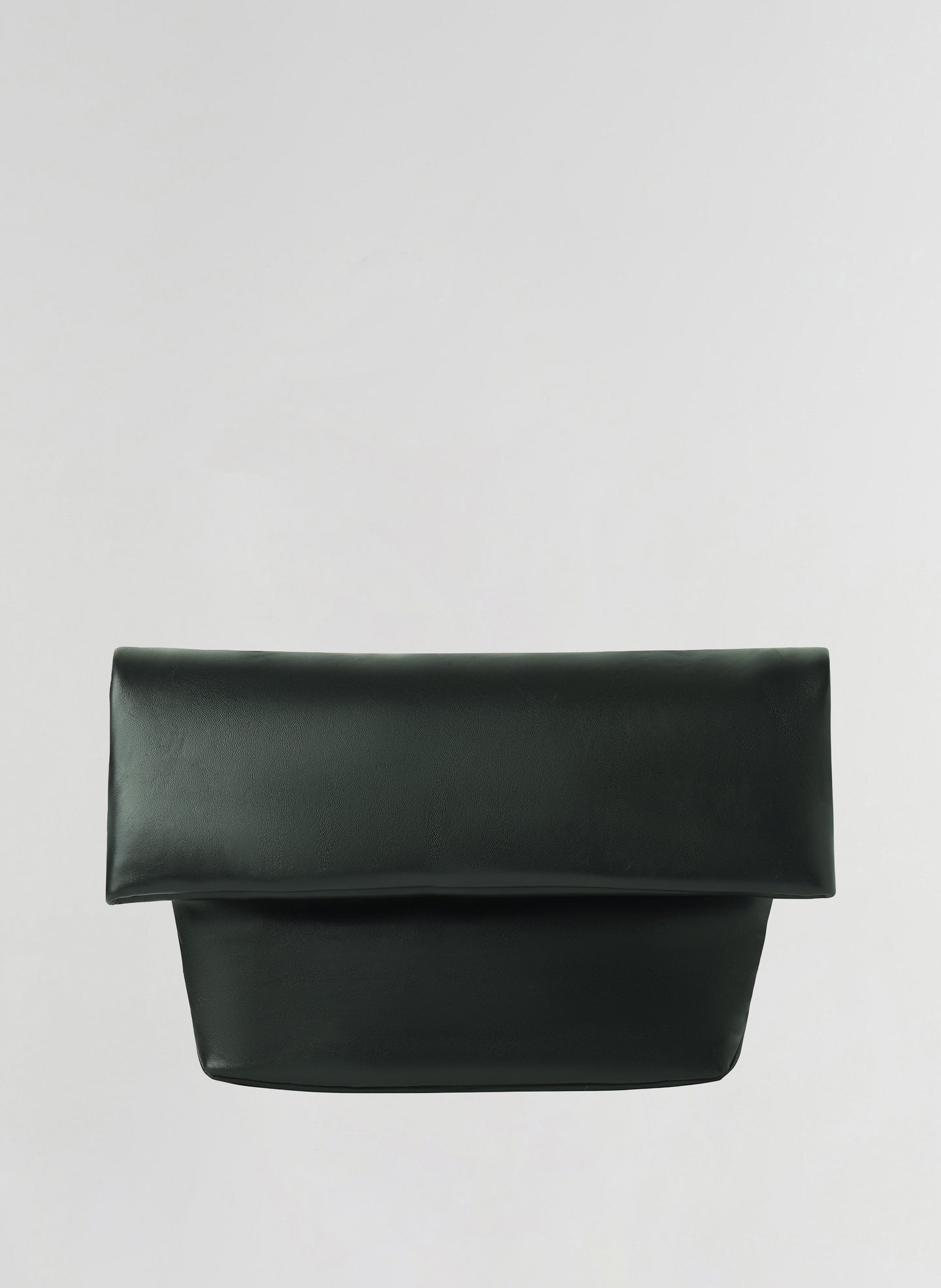 A dark green leather clutch bag with a wide top flap and a structured rectangular base, shown against a plain light gray background.