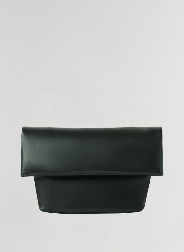 A dark green leather clutch bag with a wide top flap and a structured rectangular base, shown against a plain light gray background.