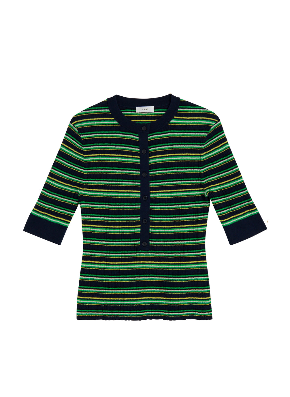 flatlay of navy blue and green striped half sleeve button placket shirt