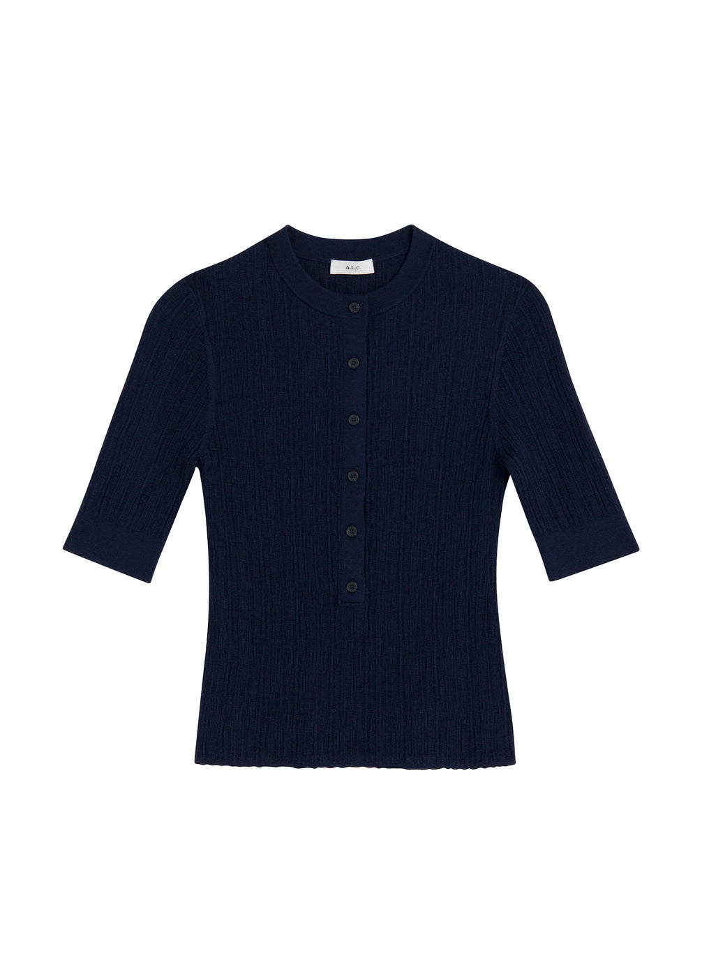 flatlay of navy blue half sleeve button placket shirt