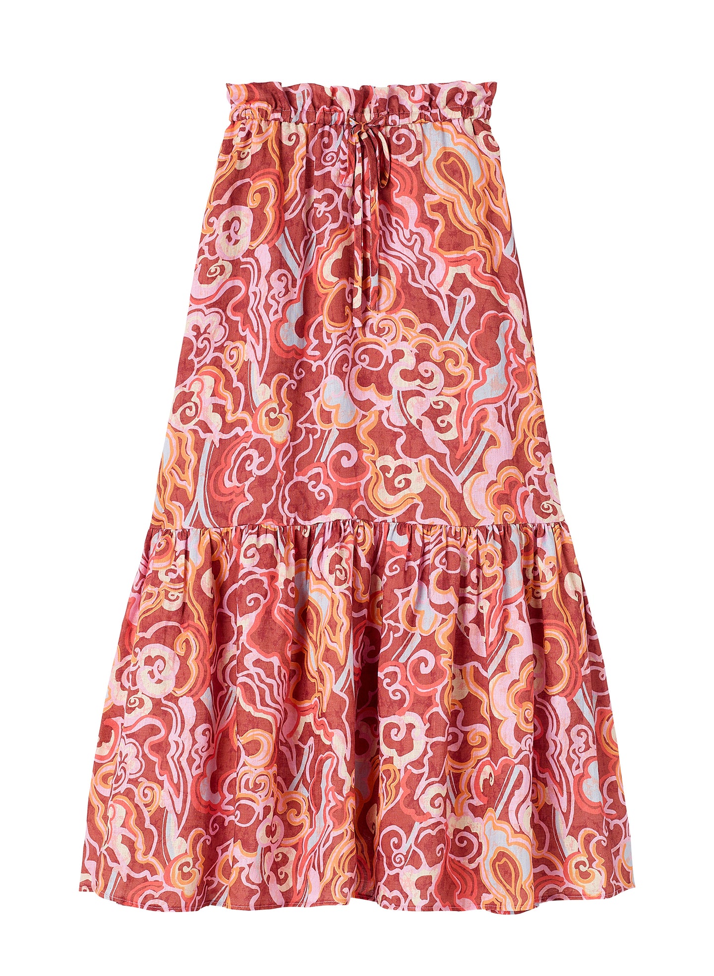 flatlay of abstract print midi skirt