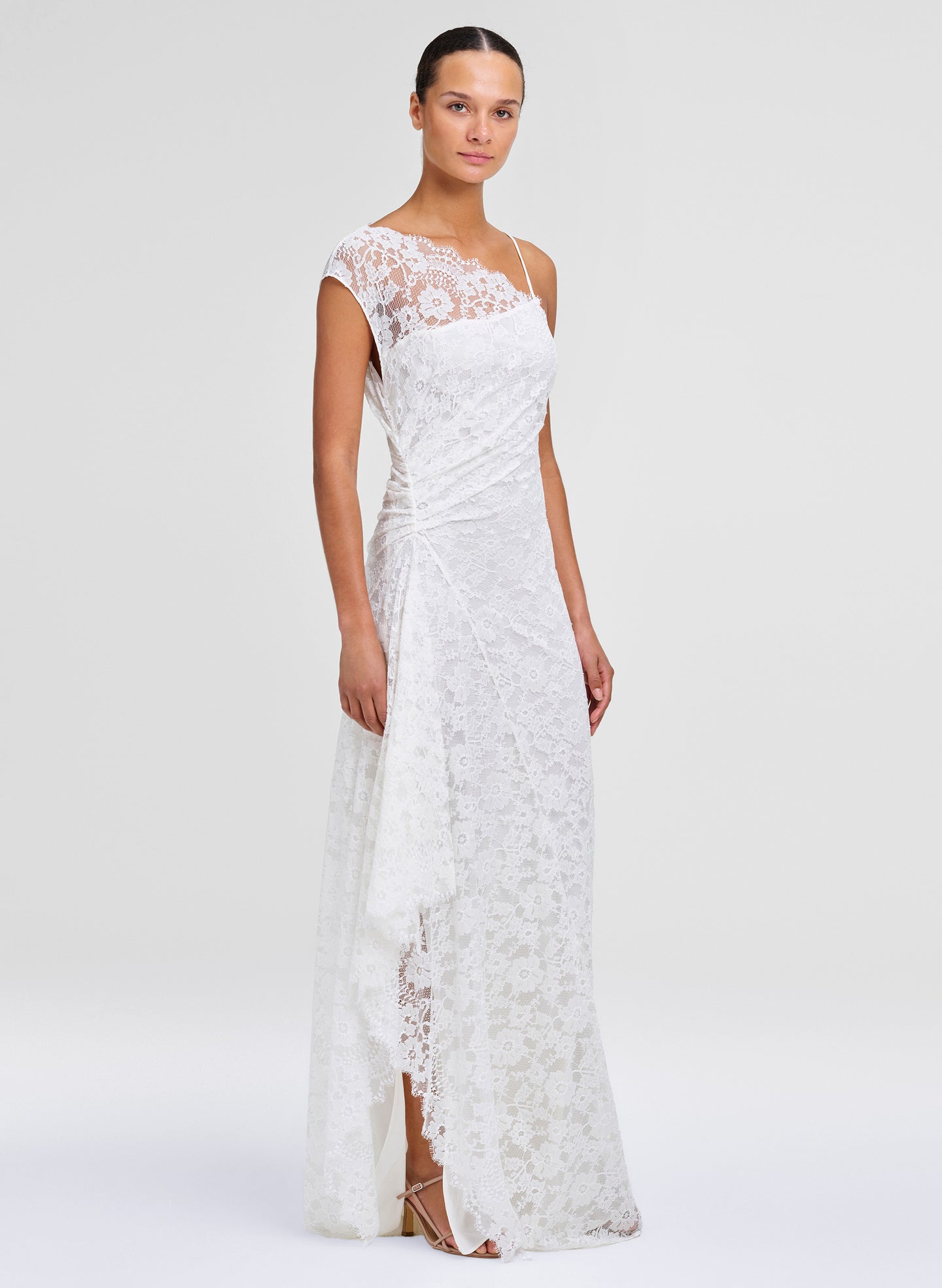 woman wearing white lace gown