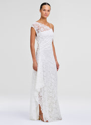 woman wearing white lace gown