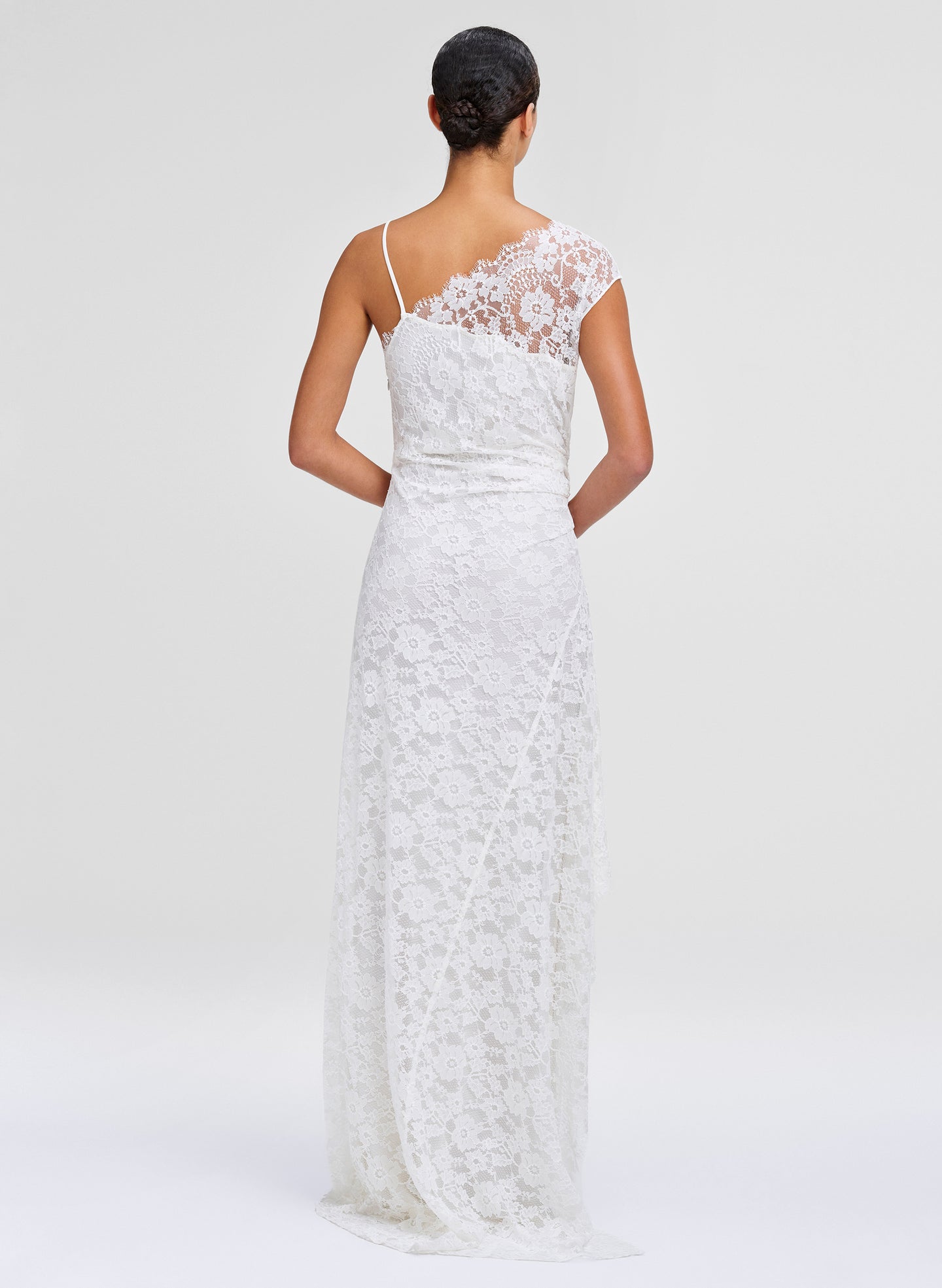 white lace gown worn by model
