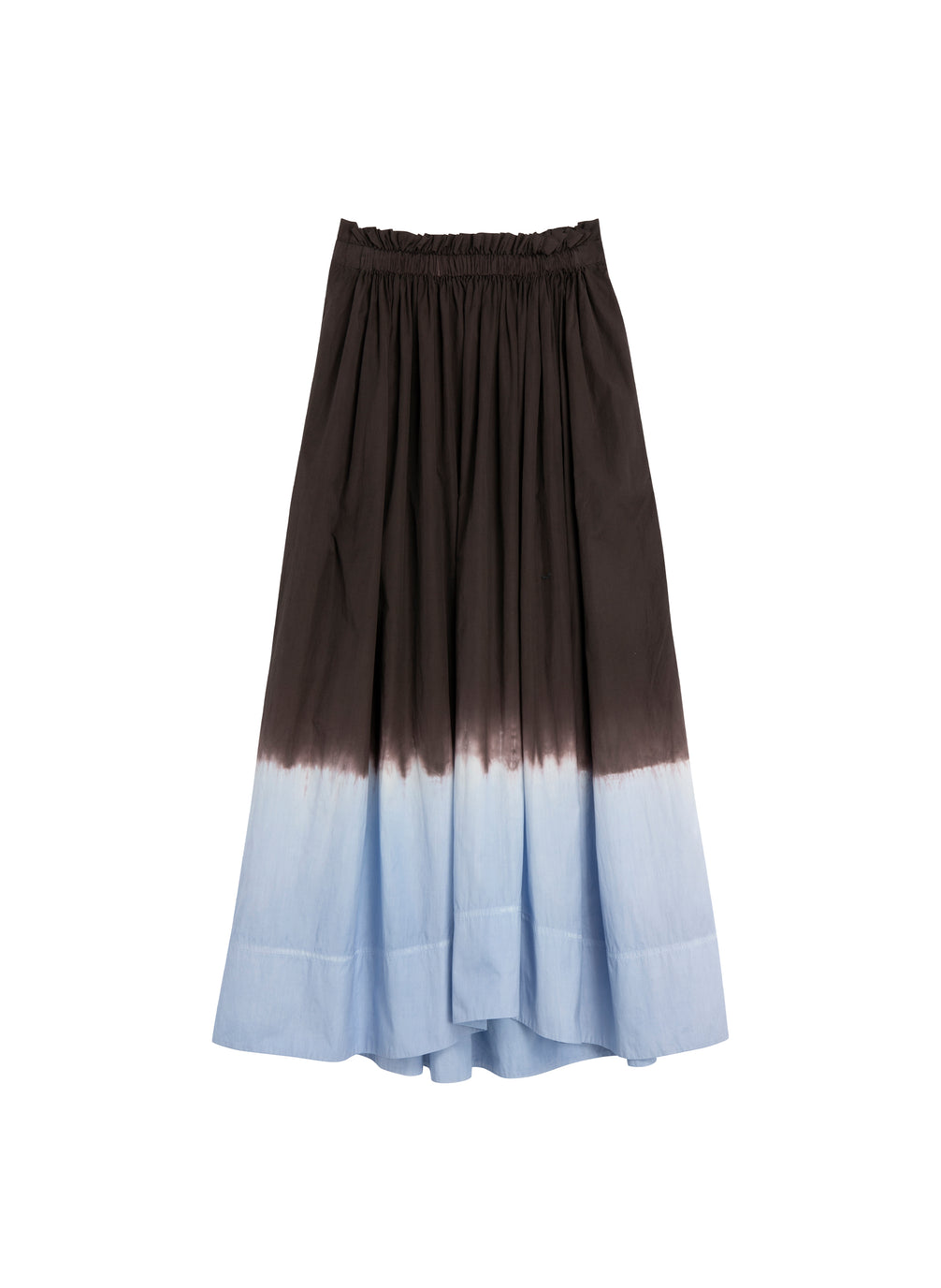flatlay of brown and light blue dip dye midi skirt