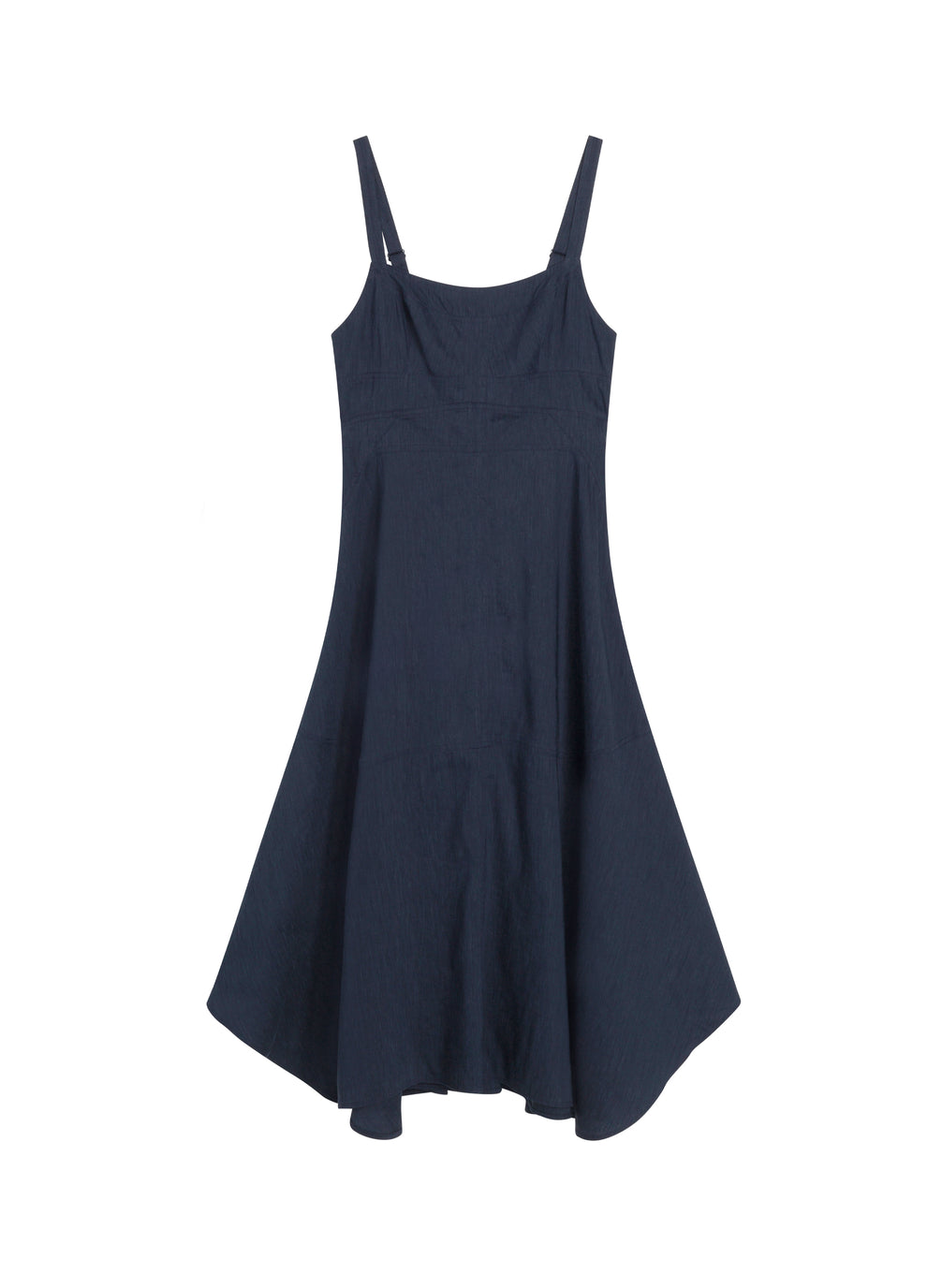 flatlay of navy blue sleeveless midi dress
