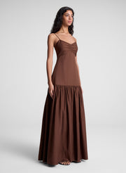 woman wearing brown maxi dress